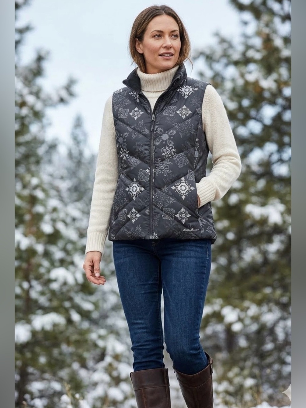 Eddie Bauer Women's Charcoal Snowflake Premium Goose Down Puffer Vest Sz L
